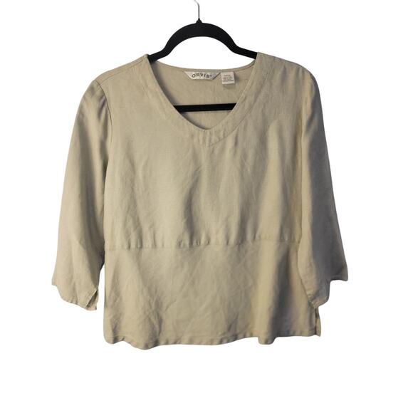 Orvis Small Beige Linen Minimalist 3/4 Sleeve V Neck Blouse Old Money Small Flaw - Picture 1 of 7
